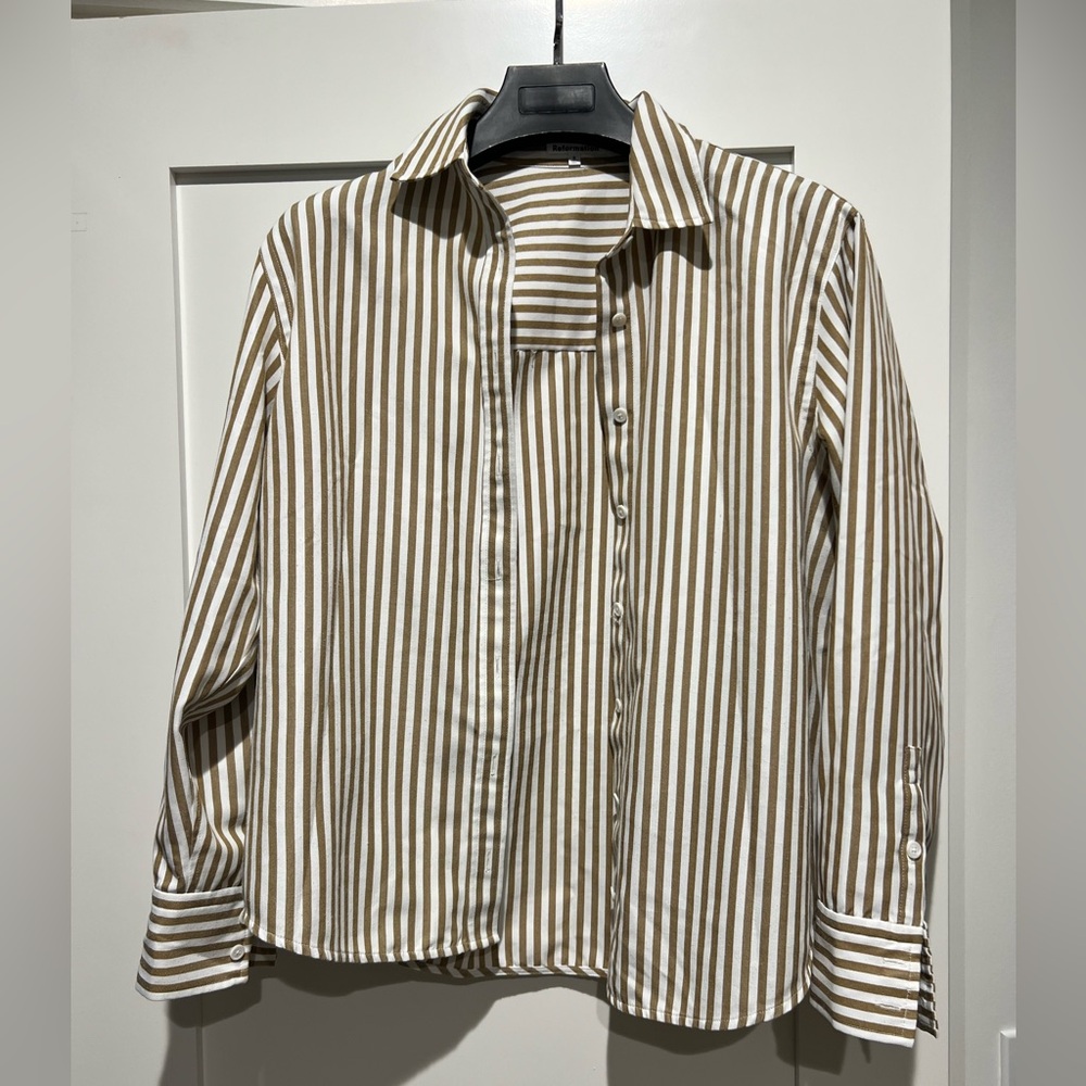 Reformation Tan and White Striped Buttondown Shirt